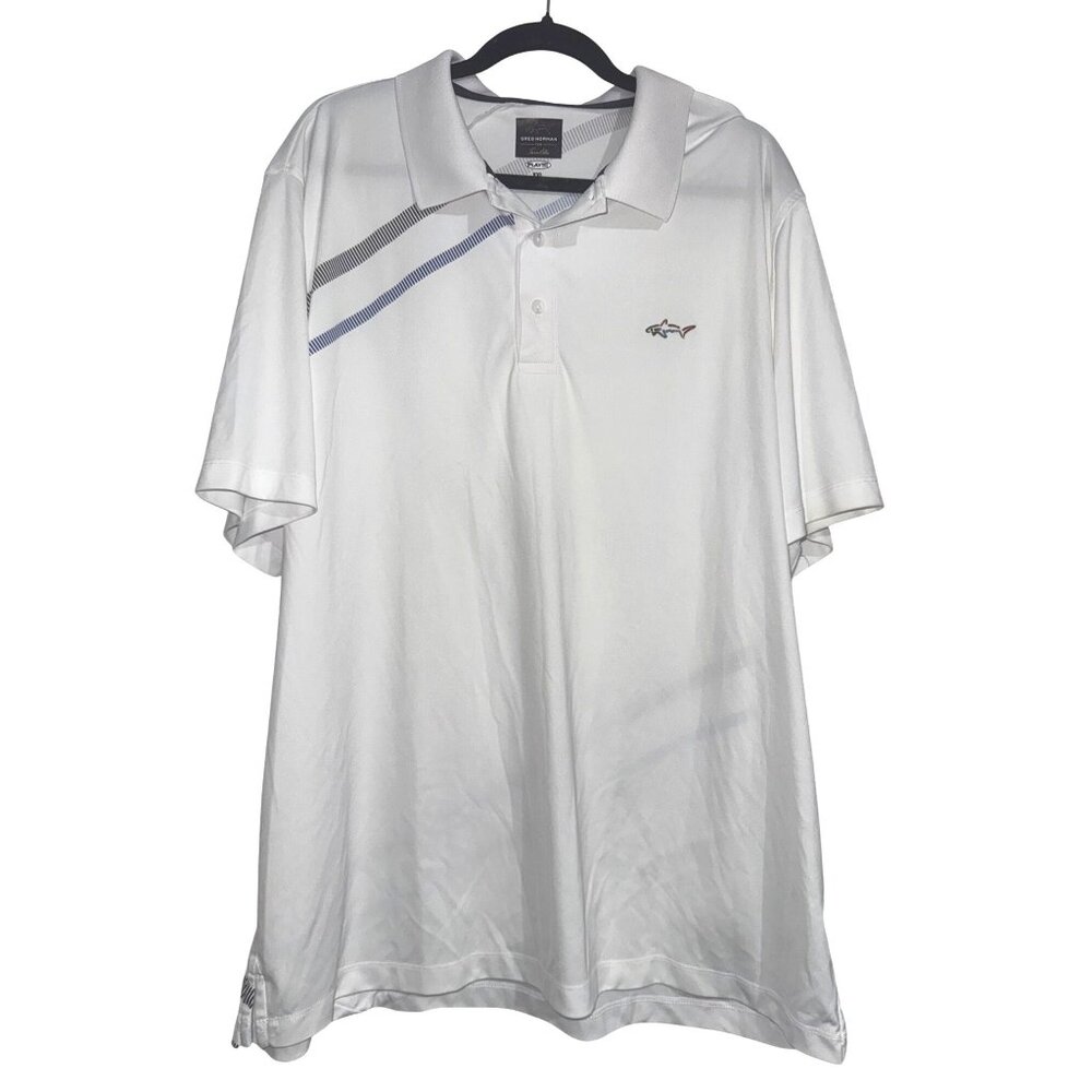 Greg Norman XXL White Play Dry Golf Polo Shirt With Striped Pattern & Shark Logo